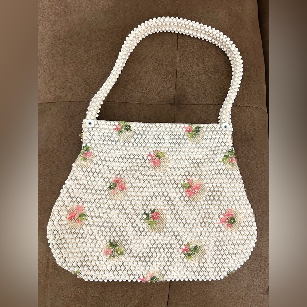 Vintage White & Floral Beaded Mini Shoulder Bag